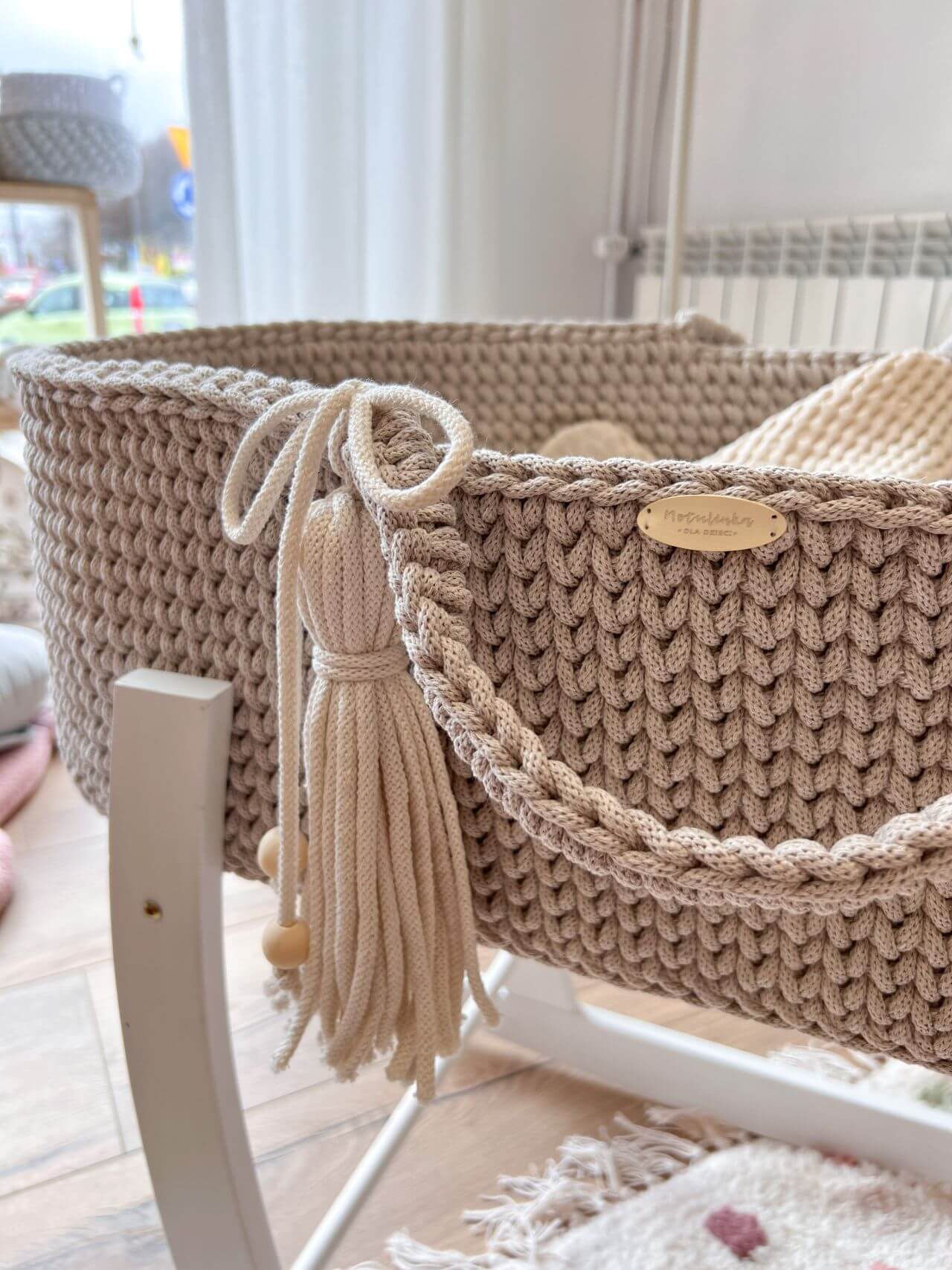 Grey-beige handmade crochet moses basket from The Baby Den