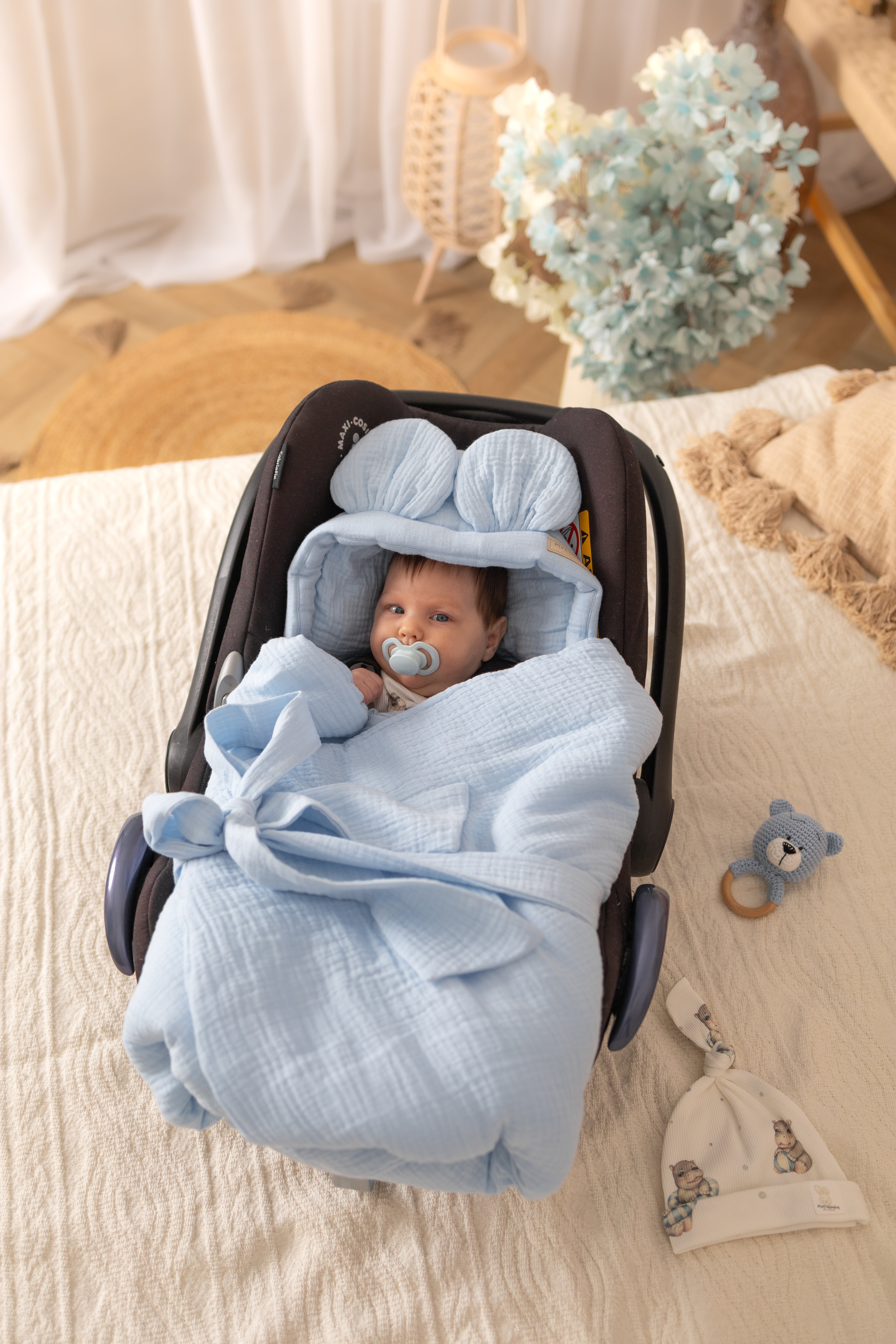 Zavinovačka pro miminka do autosedačky - 100% mušelínová bavlna - modrá