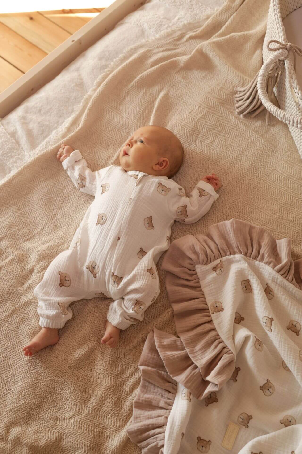Měkké bavlněné mušelínové overaly, zapínání na zip - Medvídci (0-12 měsíců)