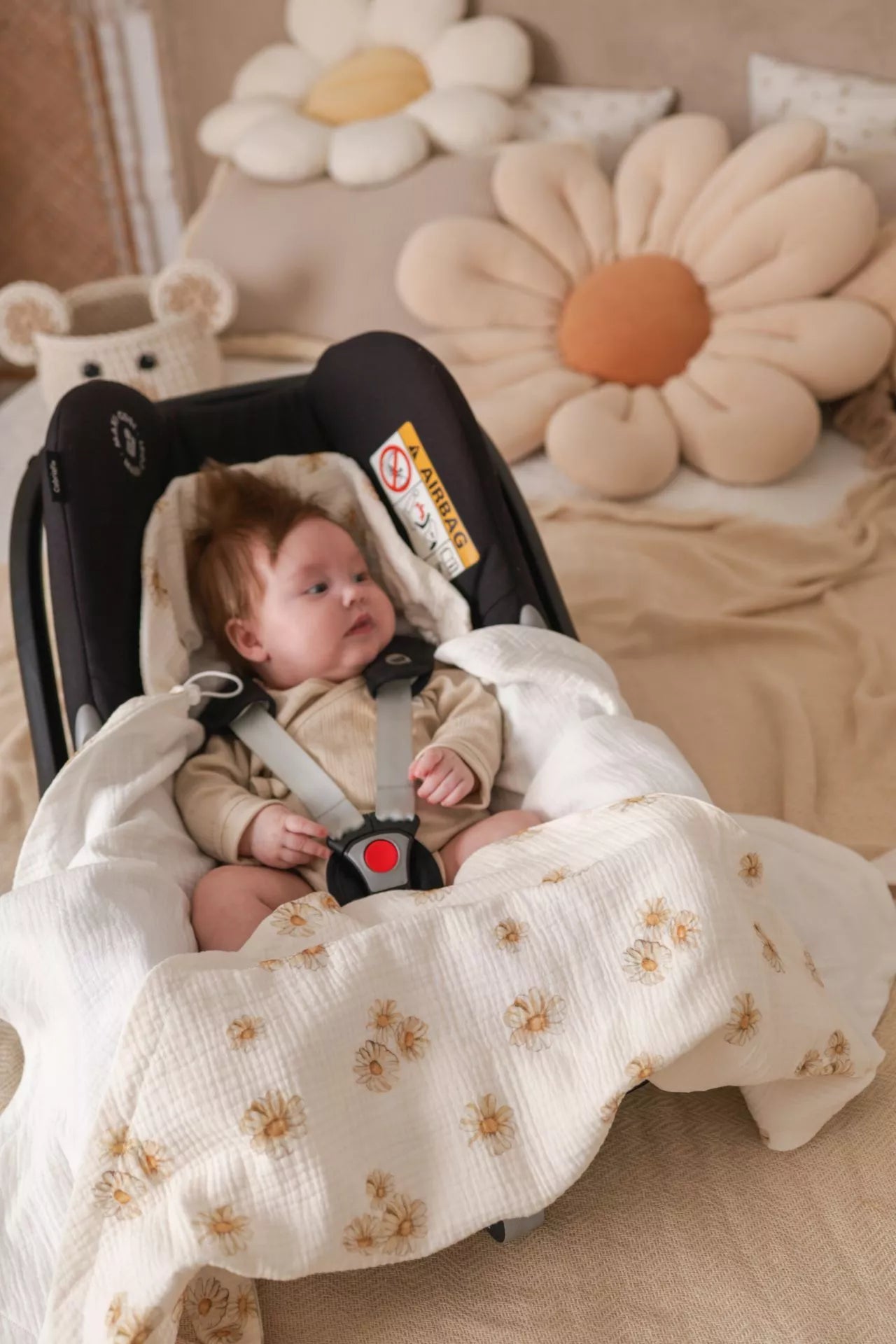 Letní deka do autosedačky pro miminka – 100% mušelínová bavlna – Sedmikrásky