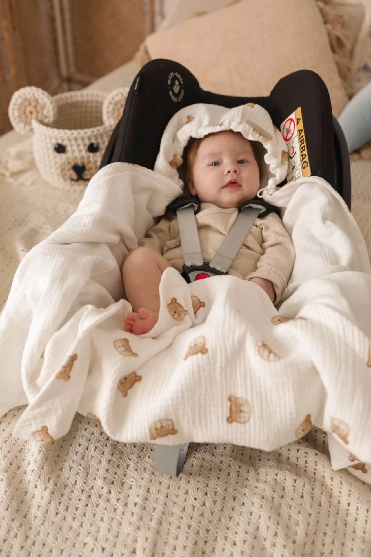 Letní deka do autosedačky pro miminka – 100% mušelínová bavlna – Medvídek