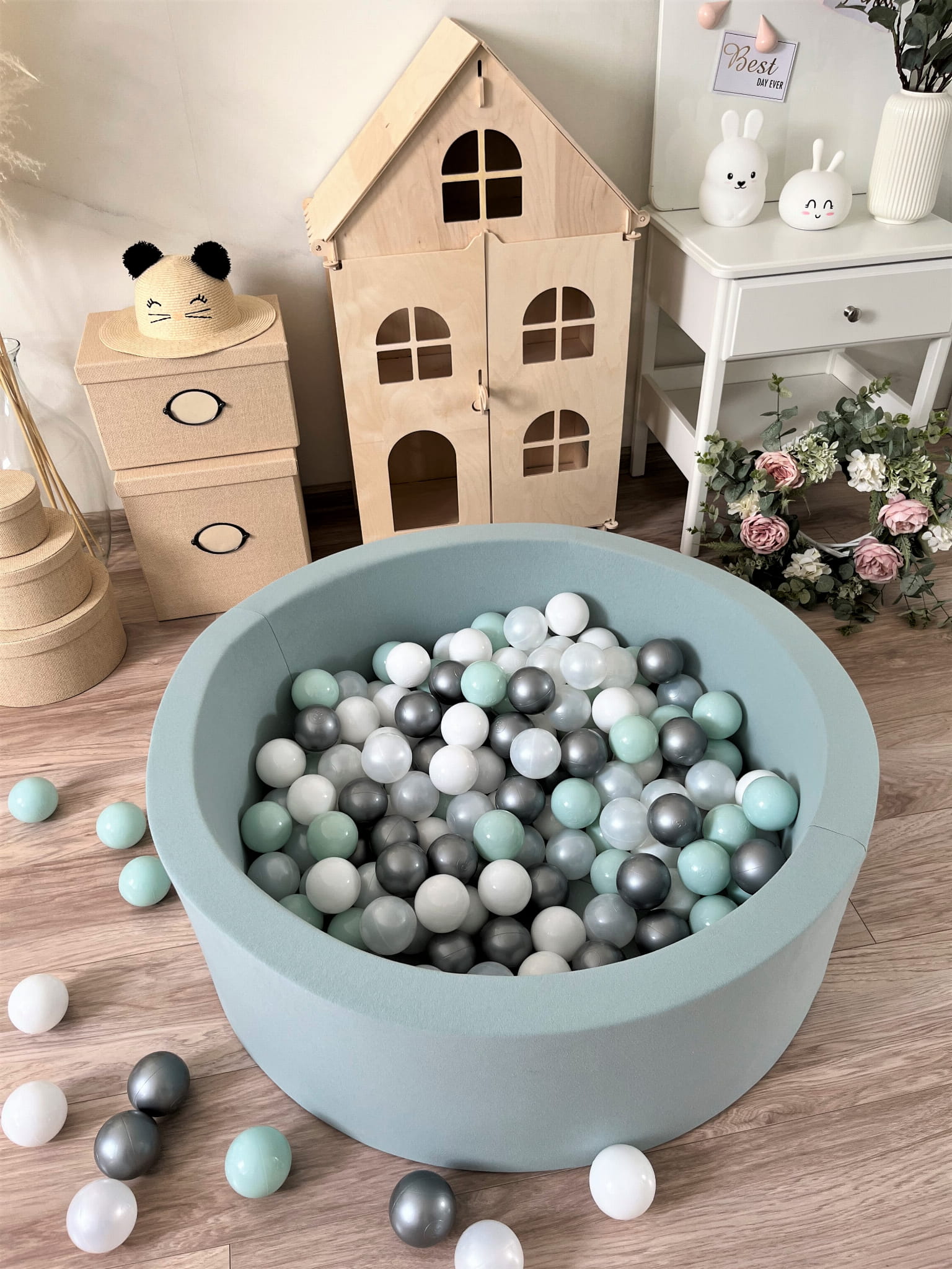 Prémiový bavlněný bazének s míčky – Tmavě Mátový (200–250 ks)