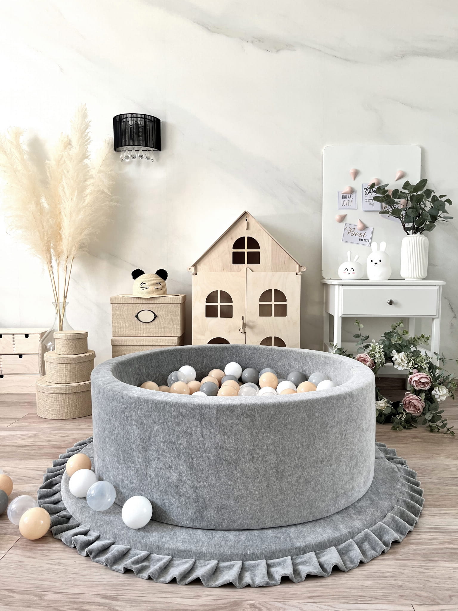 Prémiový sametový suchý bazének s míčky – Šedý (200/250 míčků)