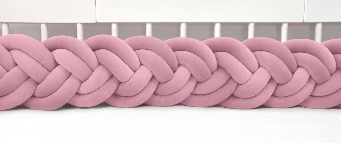Mantinel do postýlky – Dvojitý pletený cop - Tmavě růžový (120-400 cm)